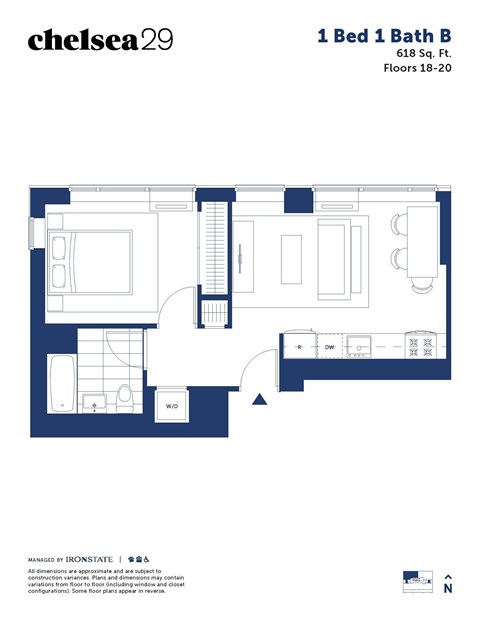 A floor plan for a 1 Bed 1 Bath B apartment.